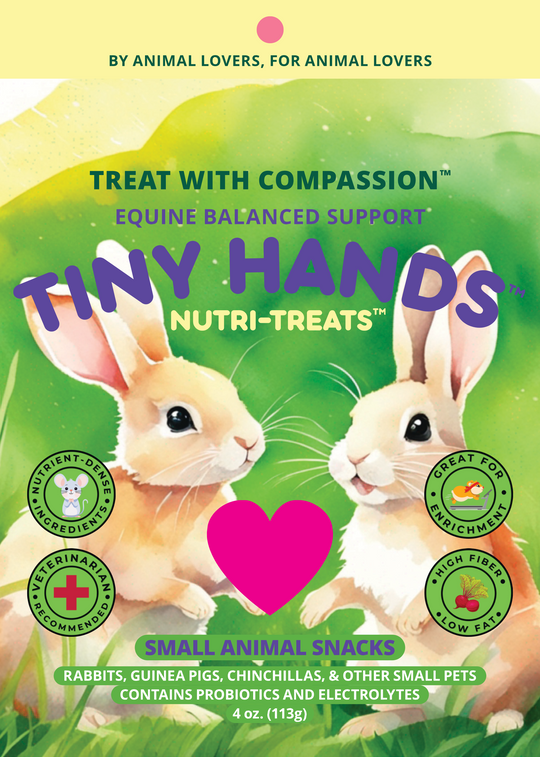 Front of packaging for Tiny Hands Nutri-Treats Small Animal Snacks! Safe for small animals, high fiber low fat treats for small animals, no added sugar, and full of nutrients! Promotes healthy metabolism, energy production, digestive health, strong nails and coats, proper inflammatory response, immune support, neurologic health, healthy hydration, and includes essential vitamins and minerals!