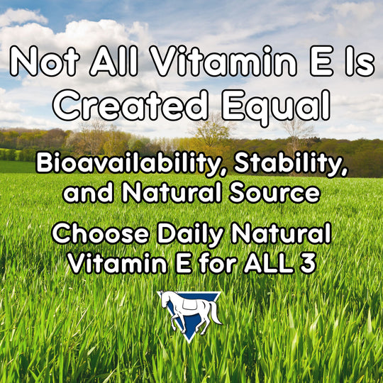 Field of green grass with text about vitamin E and a logo at the bottom.