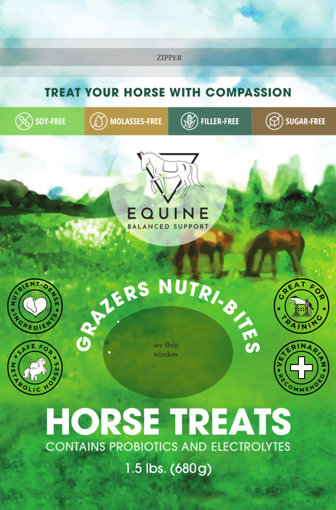 Front of packaging for Grazers Nutri-Bites Horse Treats! Safe for horses with metabolic issues, no added sugar, and full of nutrients! Promotes healthy metabolism, energy production, digestive health, strong hooves and coats, proper inflammatory response, immune support, neurologic health, healthy hydration, and includes essential vitamins and minerals!