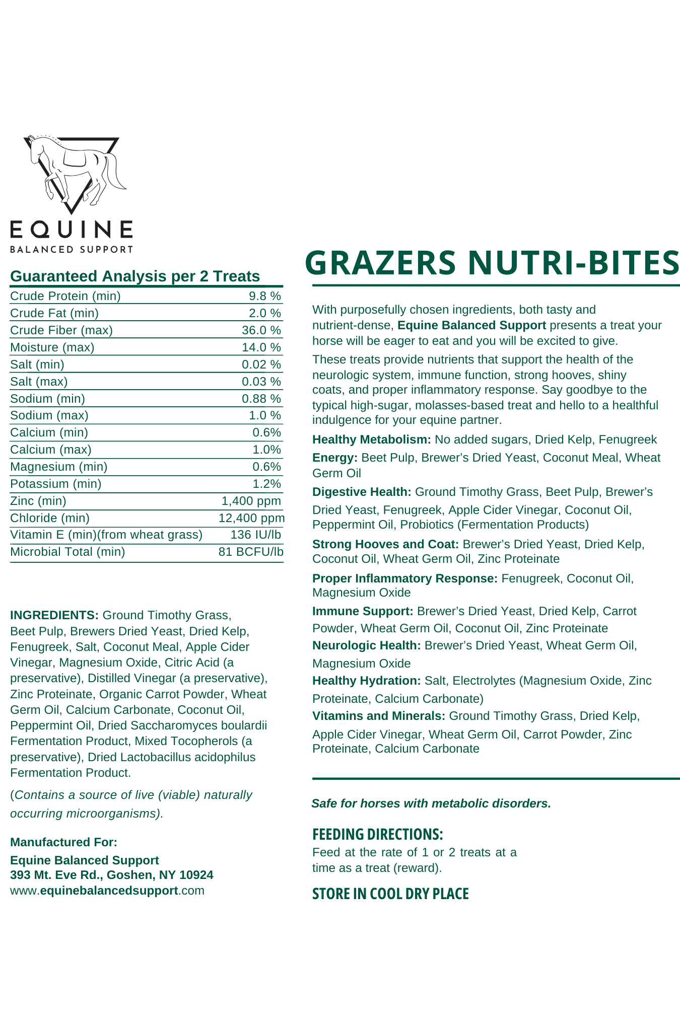 Information for Grazers Nutri-Bites Horse Treats! Safe for horses with metabolic issues, no added sugar, and full of nutrients! Promotes healthy metabolism, energy production, digestive health, strong hooves and coats, proper inflammatory response, immune support, neurologic health, healthy hydration, and includes essential vitamins and minerals!