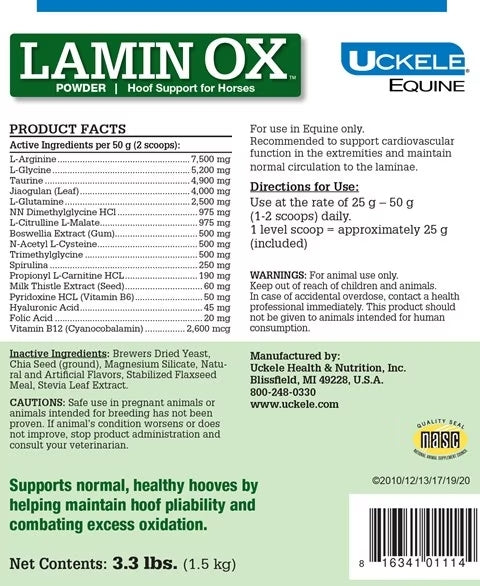 UCKELE LaminOX - SmartPak Horse Supplement Label. Ingredients, Guaranteed Analysis, Hoof Health, Laminitis Support, Metabolic Health for Horses