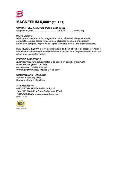 MED-VET Magnesium 5,000 (Pellet) - MVP Horse Supplement Label. Ingredients, Guaranteed Analysis, Magnesium, Digestive Health, Calming Support
