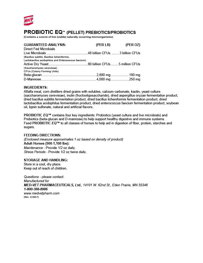MED-VET Probiotic EQ (Pellet) - Horse Supplement Label. Ingredients, Guaranteed Analysis, Active Dry Yeast, Direct-Fed Microbials, Beta-Glucans, D-Mannose, Digestive and Immune Support