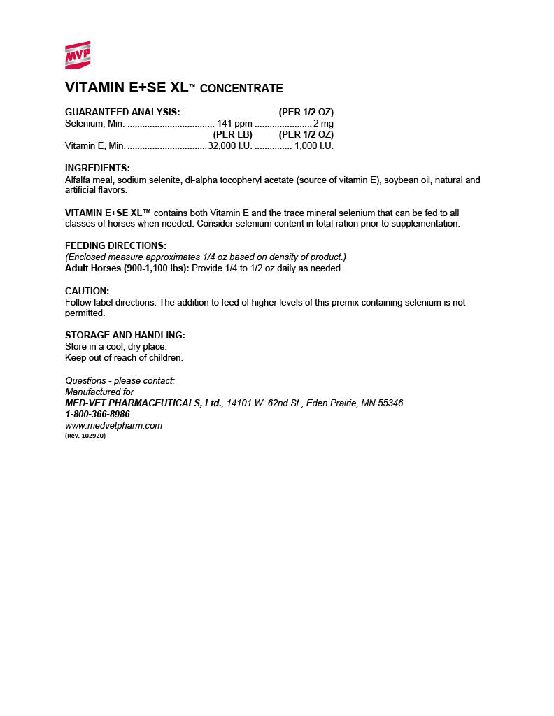 MED-VET Vitamin E+SE XL (Meal) - Horse Supplement Label. Ingredients, Guaranteed Analysis, Vitamin E, Selenium, Essential Antioxidant Support for Horses