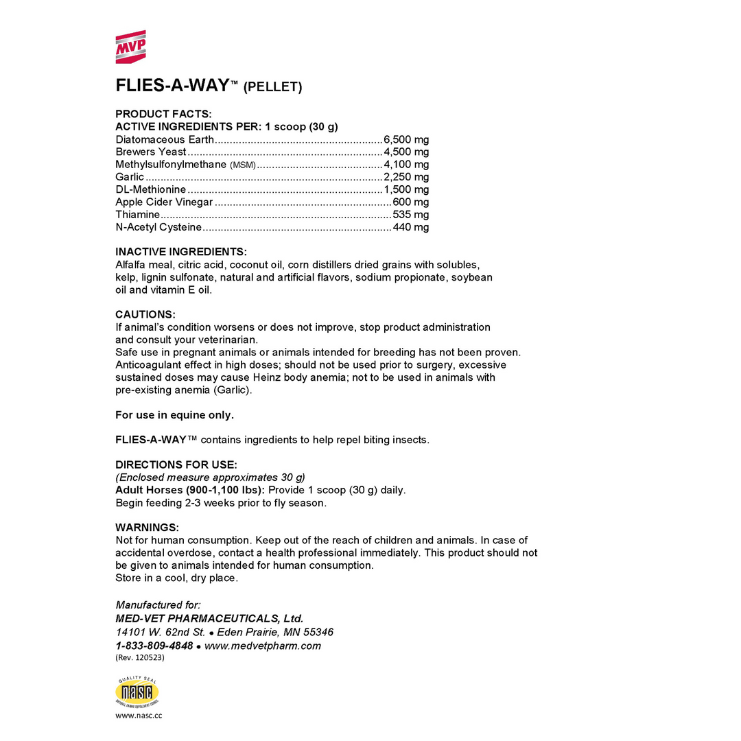 MVP Flies-A-Way Label of Ingredients, How to Administer, Guaranteed Analysis, NASC Supplement
