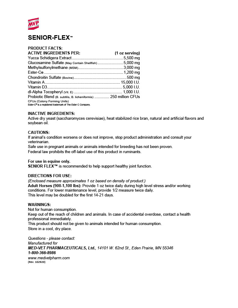 MED-VET SENIOR FLEX - MVP Horse Supplement Label. Ingredients, Guaranteed Analysis, Joint Health, Senior Horse Support