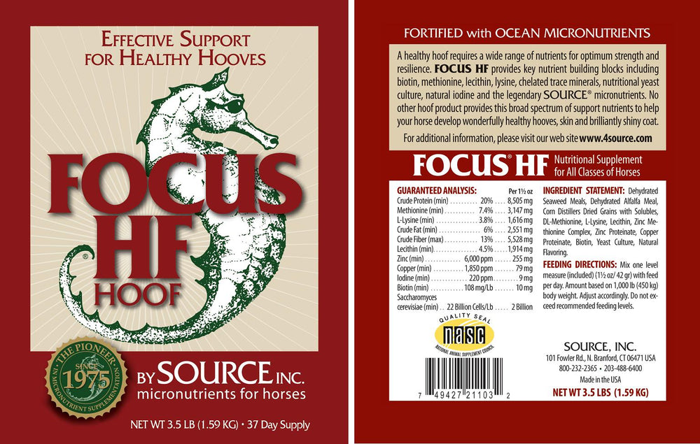 SOURCE Focus HF (Hoof) - Kelp Horse Supplement Label. Ingredients, Guaranteed Analysis, Biotin, Copper, Amino Acids, Trace Minerals, Hoof Strength and Growth