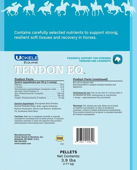 Uckele Tendon EQ Soft Tissue Injury Horse Supplement Packaging Ingredients Gauranteed Analysis 3.9 lb pellet