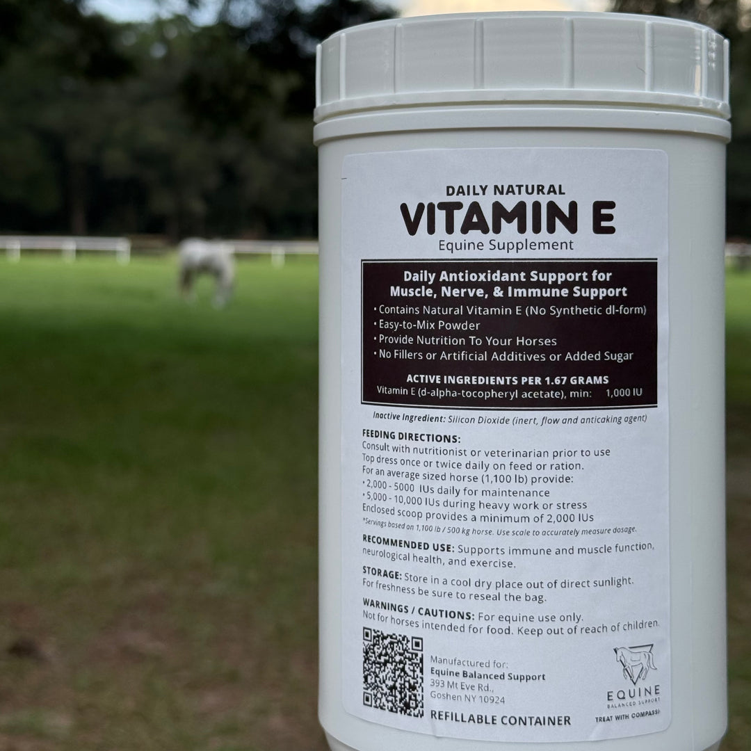 Daily Natural Vitamin E reusable container with horse in background 