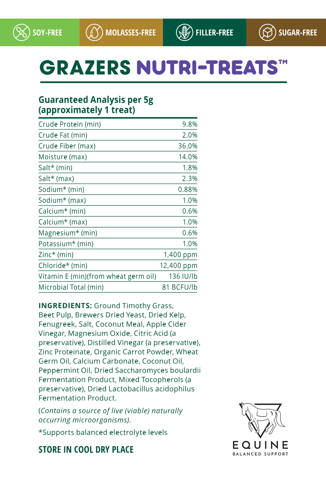 Equine Balanced Support Grazers Nutri-Treats™ Guaranteed Analysis and Ingredient List. Grazers Nutri-Treats the Whole Food Horse Treats.