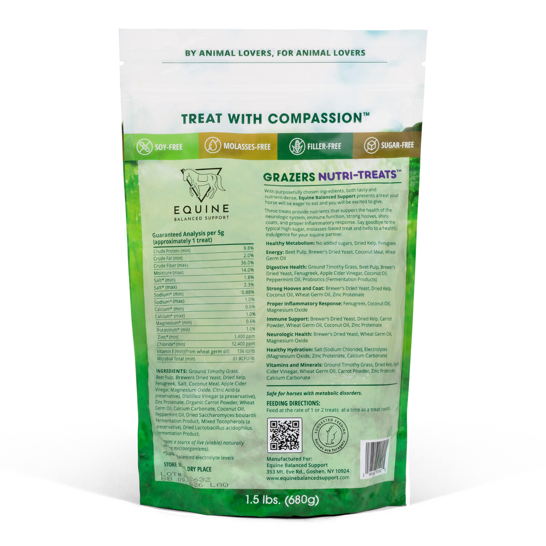 Back of packaging for Equine Balanced Support's Grazers Nutri-Treats Healthy Horse Treats! Safe for horses with metabolic disorders, no added sugar, and full of nutrients! Promotes healthy metabolism, energy production, digestive health, strong hooves and coats, proper inflammatory response, immune support, neurologic health, healthy hydration, and includes essential vitamins and minerals!