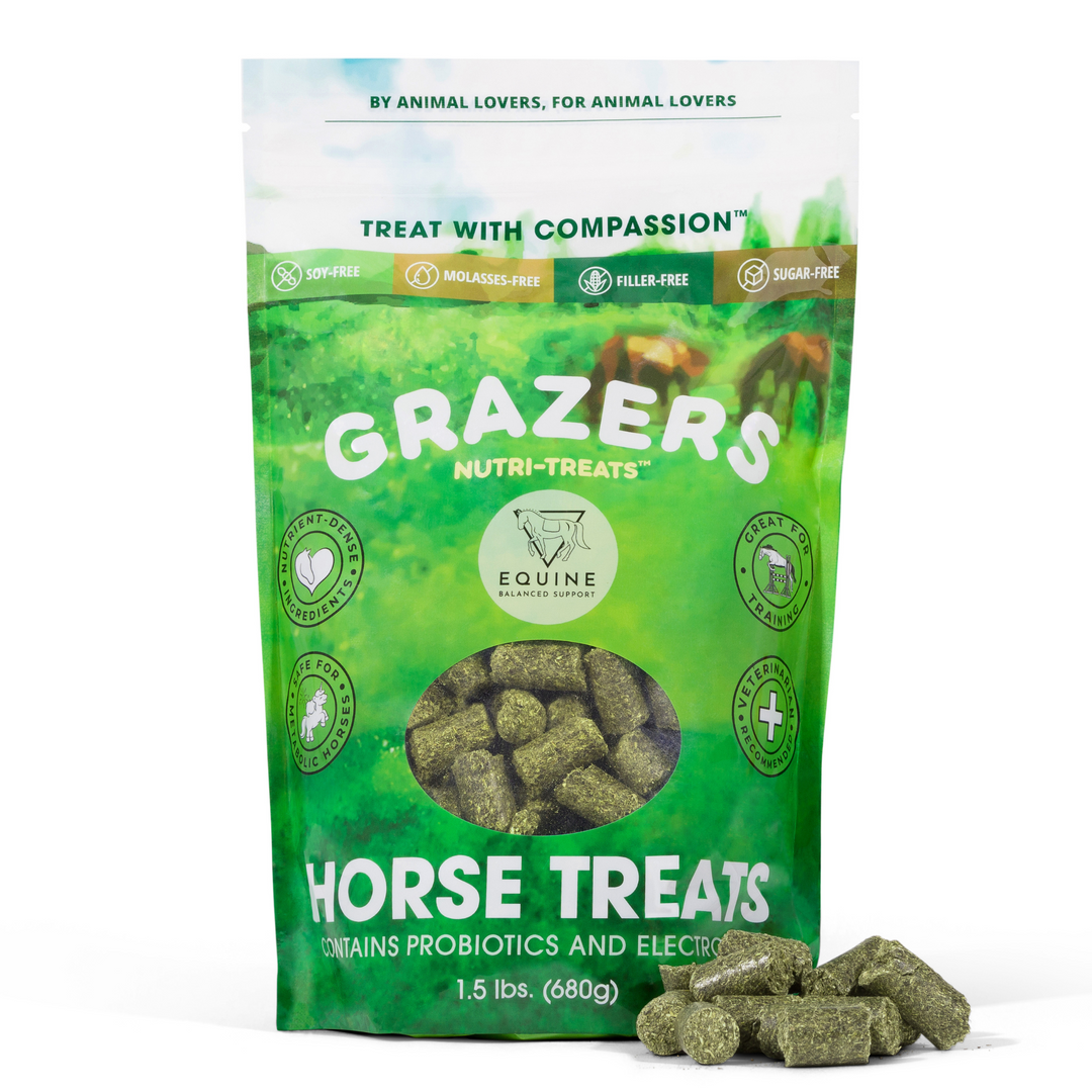 Front of packaging for Grazers Nutri-Treats Horse Snacks! Safe for horses with metabolic issues, no added sugar, and full of nutrients! Promotes healthy metabolism, energy production, digestive health, strong hooves and coats, proper inflammatory response, immune support, neurologic health, healthy hydration, and includes essential vitamins and minerals!