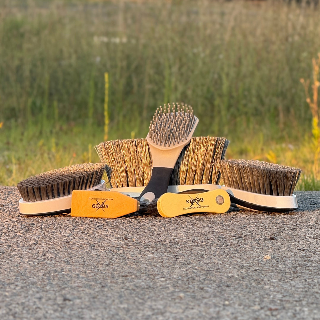 Set of horse grooming brushes on a gravel surface with a grassy background