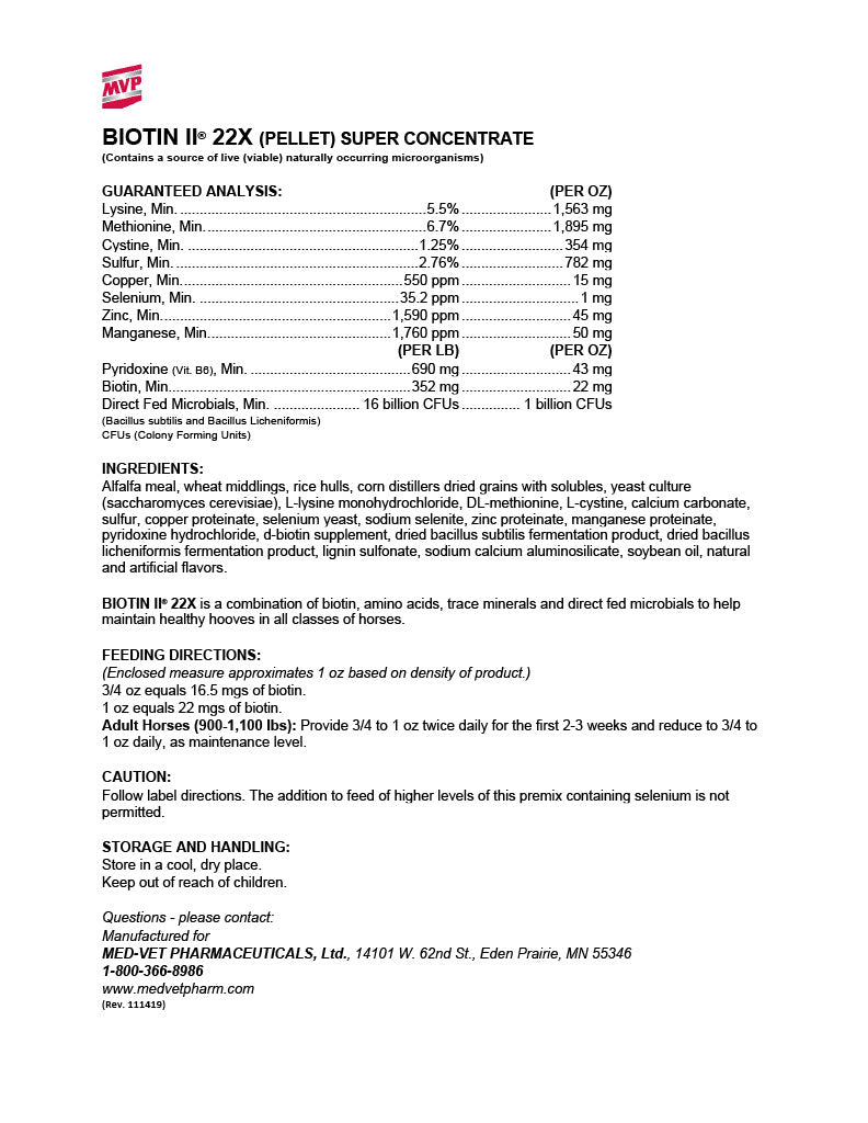 MED-VET Biotin II-22X (Pellet) - MVP Horse Supplement Label. Ingredients, Guaranteed Analysis, Biotin, Digestive Health, Hoof Health for Horses