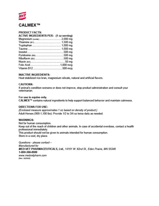 MED-VET Calmex - MVP Horse Supplement Label. Ingredients, Guaranteed Analysis, Calming Support, Magnesium, B-Vitamin, Digestive Health for Horses