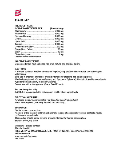 MED-VET Carb-X (Meal) - MVP Horse Supplement Label. Ingredients, Guaranteed Analysis, Blood Sugar Support, Metabolic Health for Horses