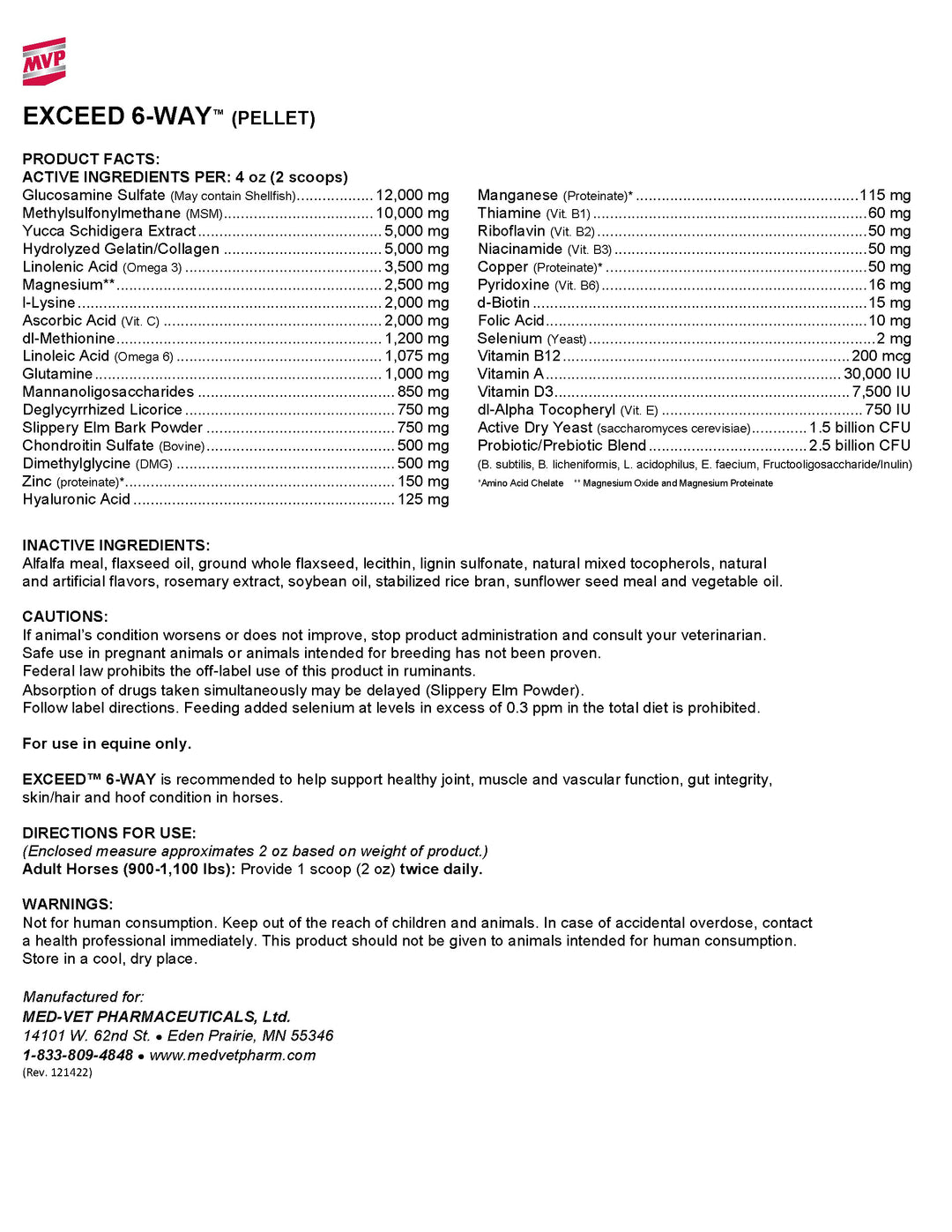 MVP Exceed 6-Way Pellets - Horse Supplement Label. Ingredients, Guaranteed Analysis, Complete Nutritional Support for Horses