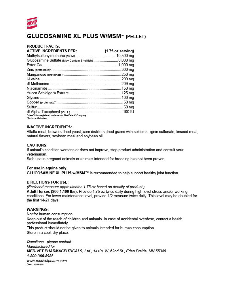 MED-VET Glucosamine XL Plus w/ MSM (Pellets) - MVP Horse Supplement Label. Ingredients, Guaranteed Analysis, Joint Health, Joint Health for Horses, Joint Support for Horses, Performance Horse Joint Support