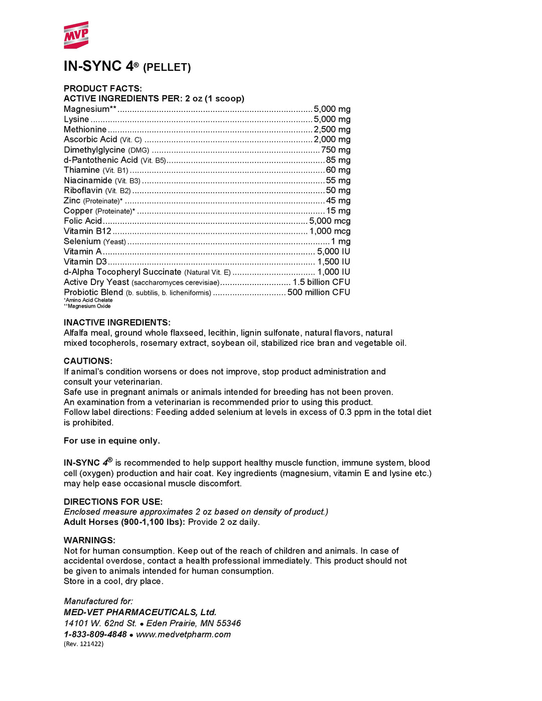 MED-VET In-Sync 4 (Pellet) - Horse Supplement Label. Ingredients, Guaranteed Analysis, Essential Amino Acids, Muscle Health, Performance Horse Support