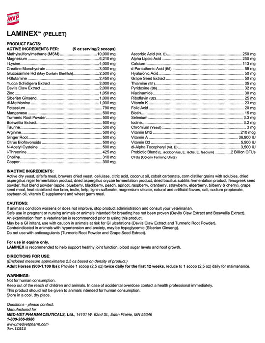 MED-VET Laminex - MVP Horse Supplement Label. Ingredients, Guaranteed Analysis, Joint Health, Laminitis Support, Metabolic Health for Horses