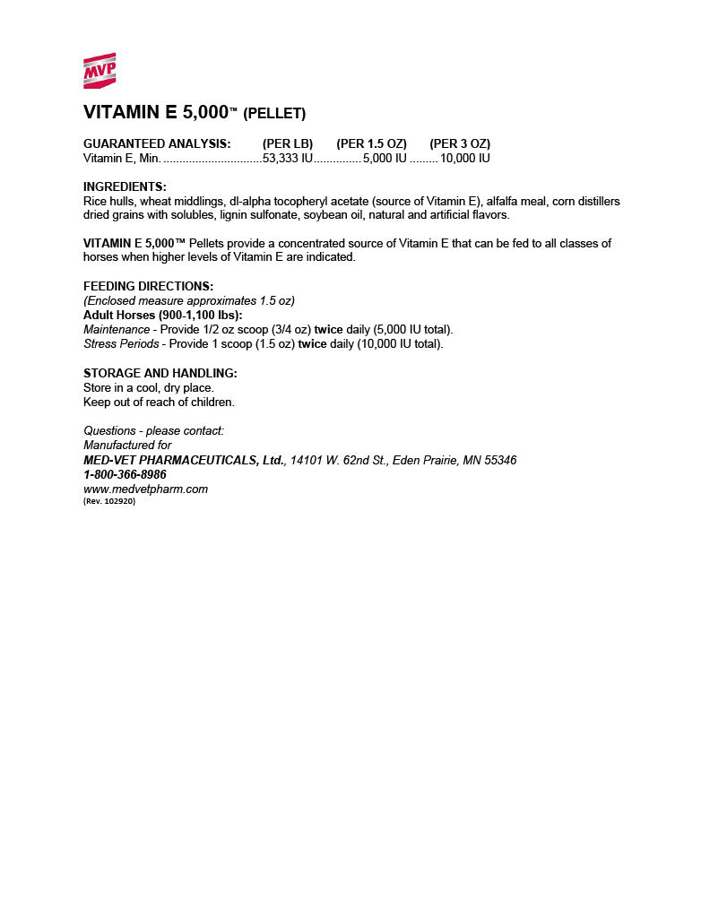 MED-VET Vitamin E 5,000 (Pellets) - Horse Supplement Label. Ingredients, Guaranteed Analysis, High-Potency Vitamin E, Antioxidant Support for Horses