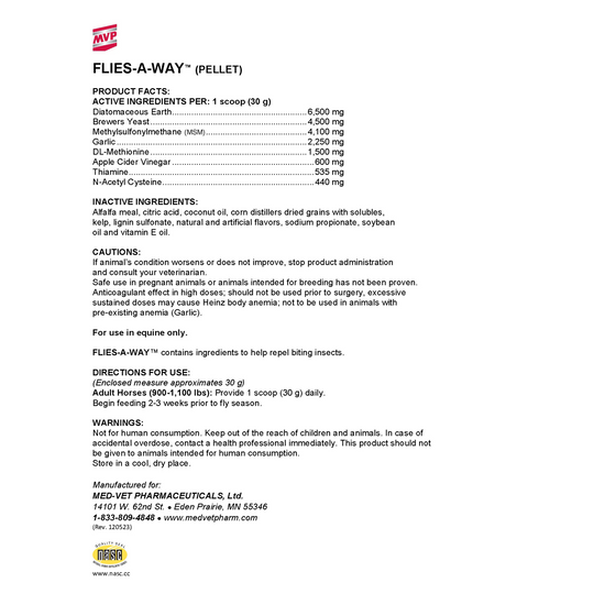 MVP Flies-A-Way Label of Ingredients, How to Administer, Guaranteed Analysis, NASC Supplement