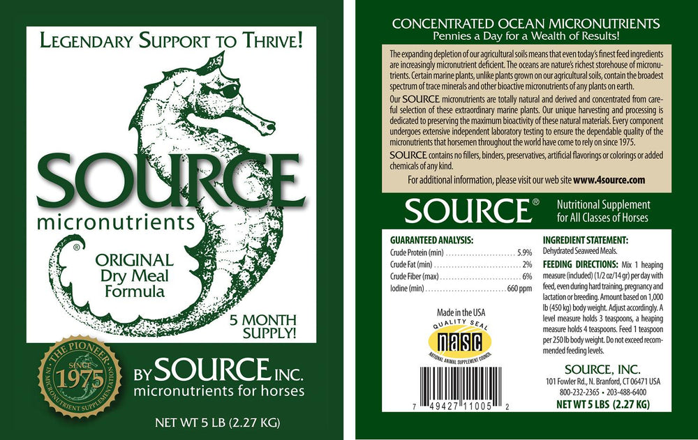 SOURCE Original (Powder Concentrate) - Horse Supplement Label. Ingredients, Guaranteed Analysis, Micronutrient Profile, Digestive Enzymes, Essential Vitamins and Minerals