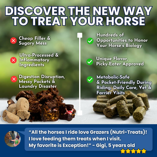 Promotional graphic for horse treats with text highlighting benefits and a quote from a user.