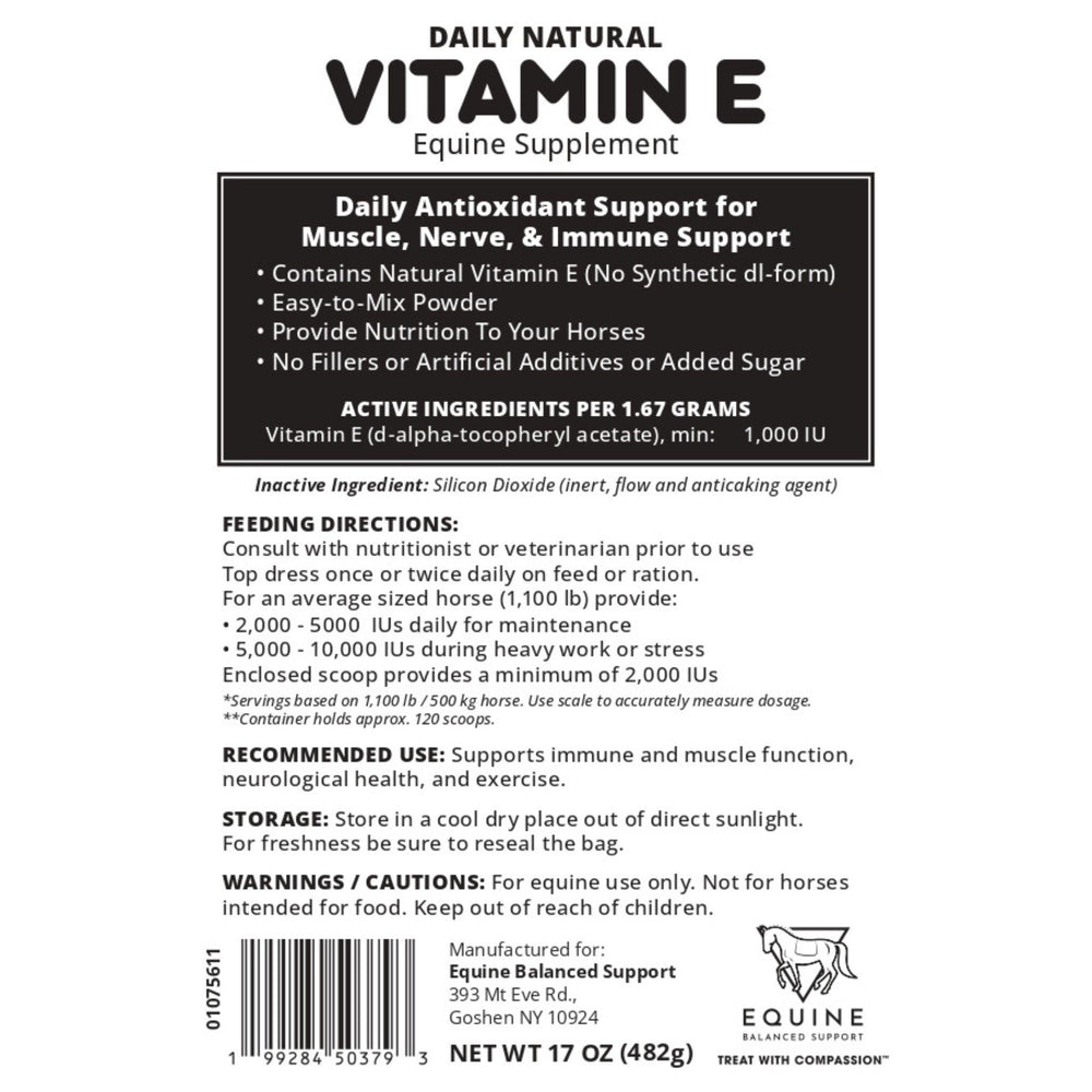 Back label of an equine vitamin E supplement with text and branding.