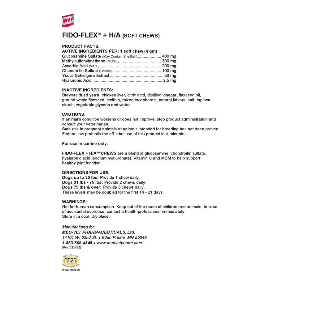 Formula sheet for Fido‑Flex Soft Chews, providing Joint Support for Dogs. 