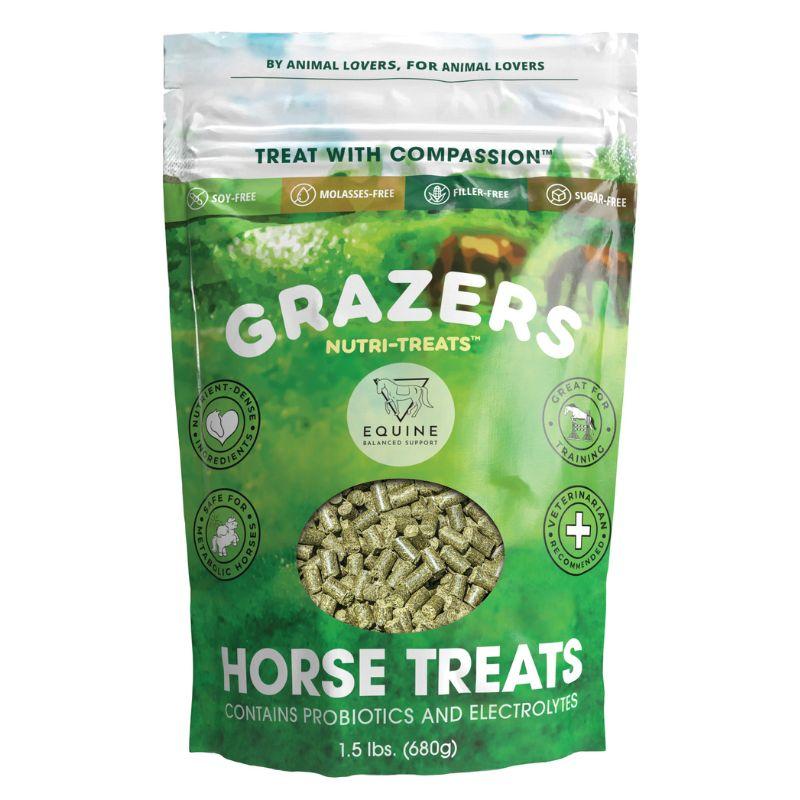 Front of packaging for Grazers Nutri-Treats Horse Snacks! Safe for horses with metabolic issues, no added sugar, and full of nutrients! Promotes healthy metabolism, energy production, digestive health, strong hooves and coats, proper inflammatory response, immune support, neurologic health, healthy hydration, and includes essential vitamins and minerals!