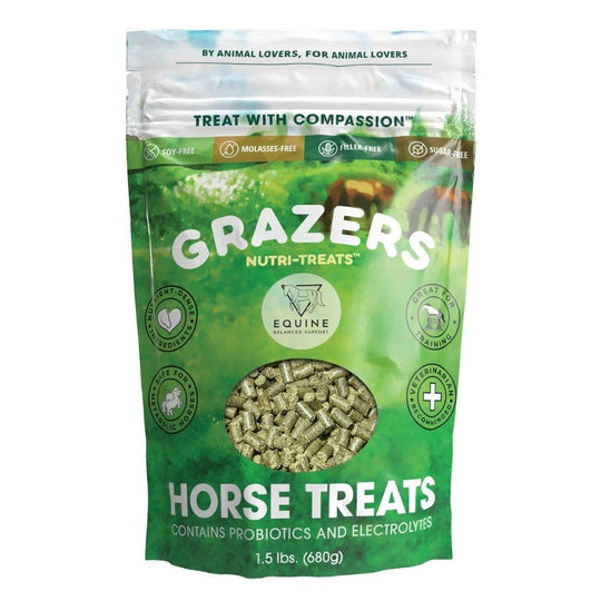 Grazers Nutri-Treats Healthy Horse Treats! Safe for horses with metabolic disorders, no added sugar, and full of nutrients! Promotes healthy metabolism, energy production, digestive health, strong hooves and coats, proper inflammatory response, immune support, neurologic health, healthy hydration, and includes essential vitamins and minerals!