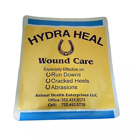 Hydra-Heal Saturated Gauze Dressing, sterile veterinary hydrogel saturated dressings for equine first aid, treating horse lacerations, run downs, cracked heels, and post-surgical recovery for all animals.