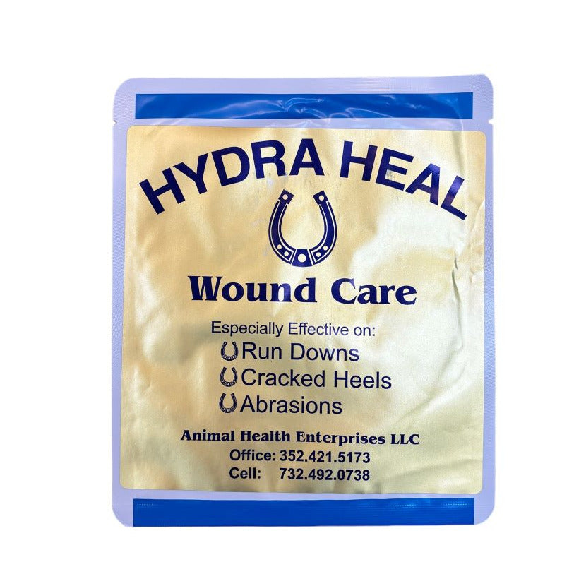 Hydra-Heal Saturated Gauze Dressing for animal wound care, sterile individually sealed single packet, hydrogel veterinary dressing for treating horse run downs, cracked heels, abrasions, and wound healing for all animals.
