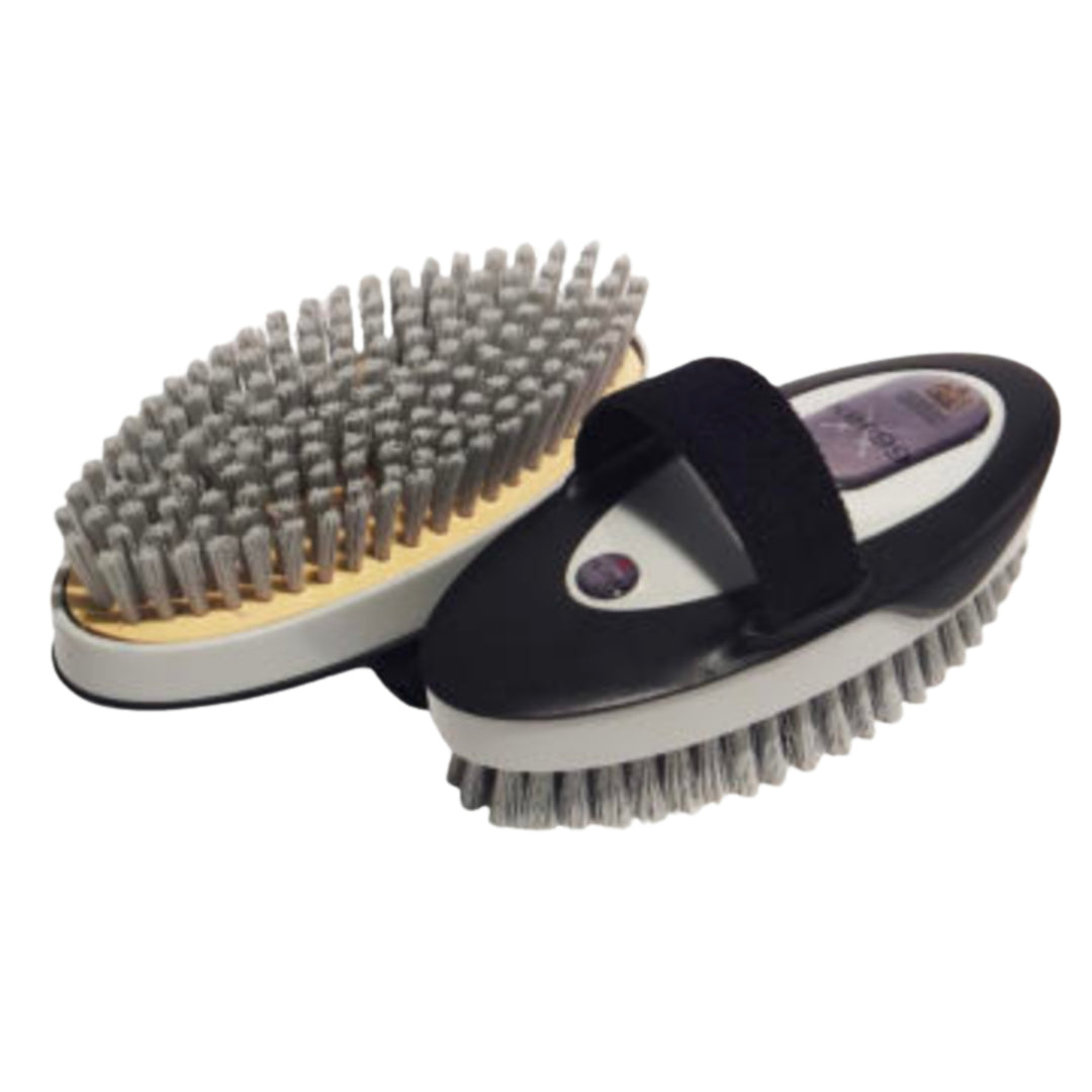 Two antimicrobial KBF99 horse grooming brushes with synthetic bristles, tested to kill microbes on contact, showing both sides of the black KBF99 body Brush.