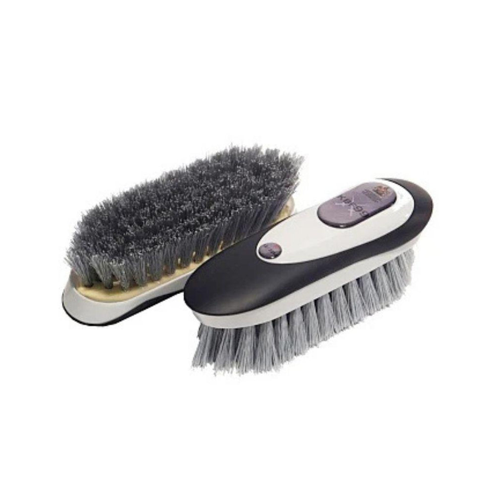 Two antimicrobial KBF99 horse grooming brushes with synthetic bristles, one with a flip-top cover and the other designed for scrubbing, showing both sides of the black KBF99 Dandy Brush.