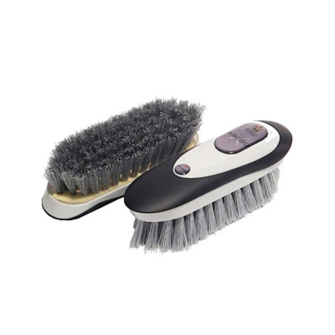 Two antimicrobial KBF99 horse grooming brushes with synthetic bristles, one with a flip-top cover and the other designed for scrubbing, showing both sides of the black KBF99 Dandy Brush.