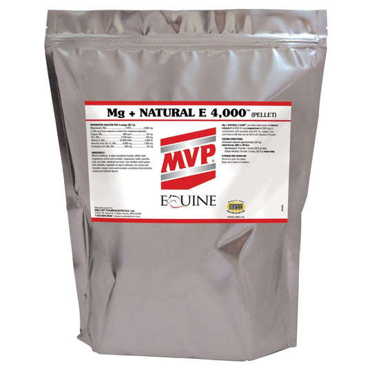 Med-Vet Pharmaceuticals MVP Mg + Natural E 4,000 Pellet equine supplement in a silver resealable bag featuring the red and white product information label.