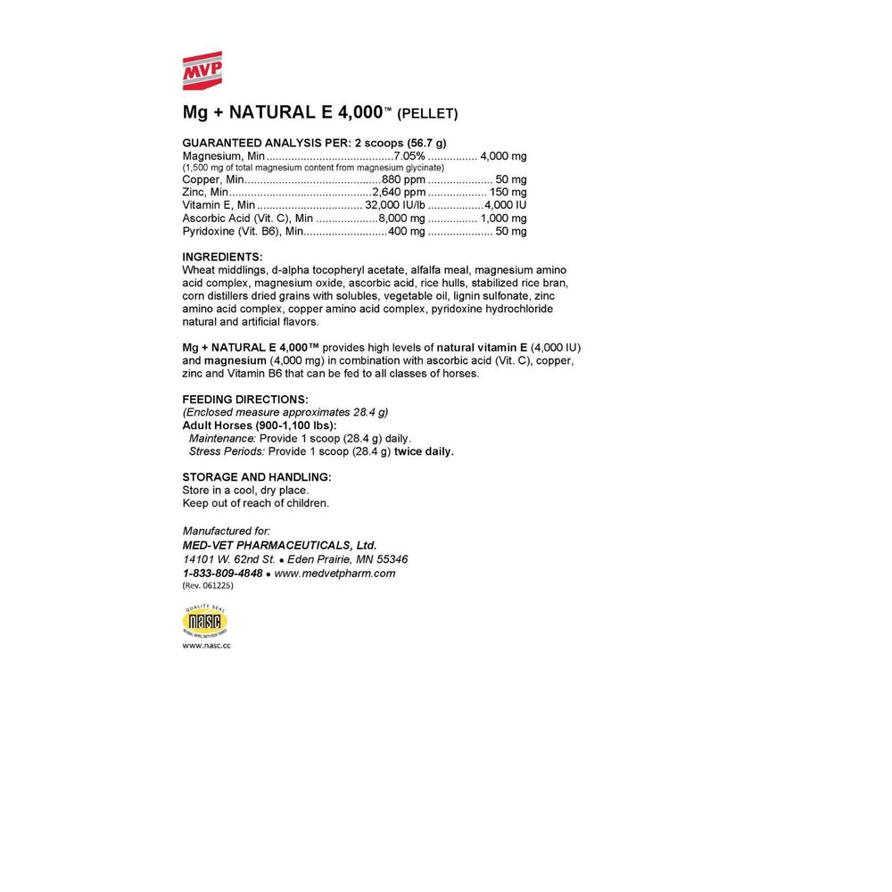 MVP Mg + Natural E 4,000 Pellet nutritional specification label detailing the guaranteed analysis per two scoops, including magnesium glycinate breakdown and natural vitamin E levels.
