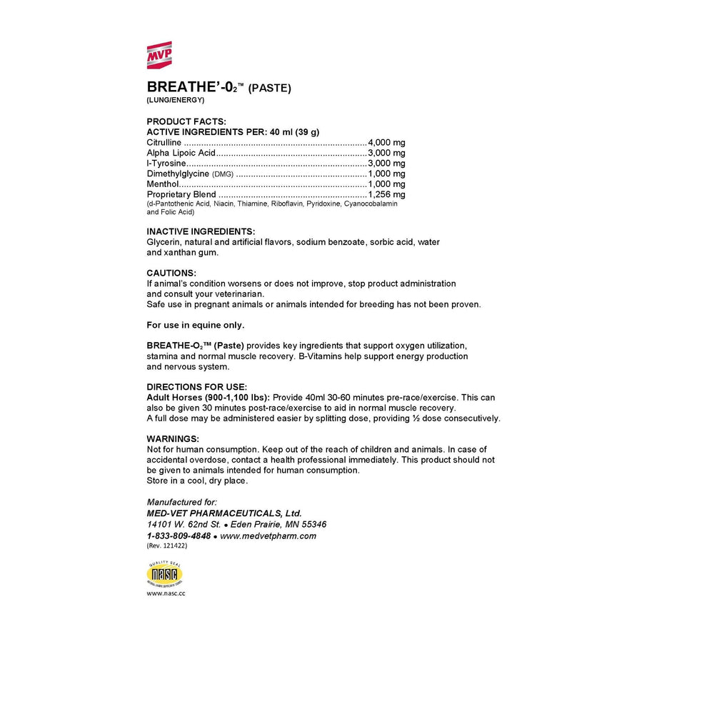 MVP Breathe'O2 (Paste) - Respiratory Support Paste for Horses